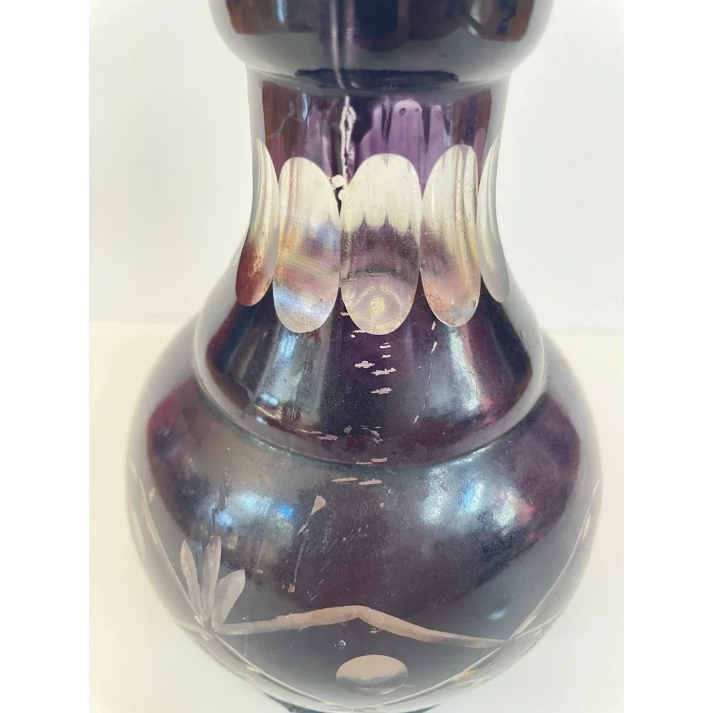 Vintage Amethyst Purple Etched Glass Vase Bohemian Cut to Clear Floral 7.5 Inch
